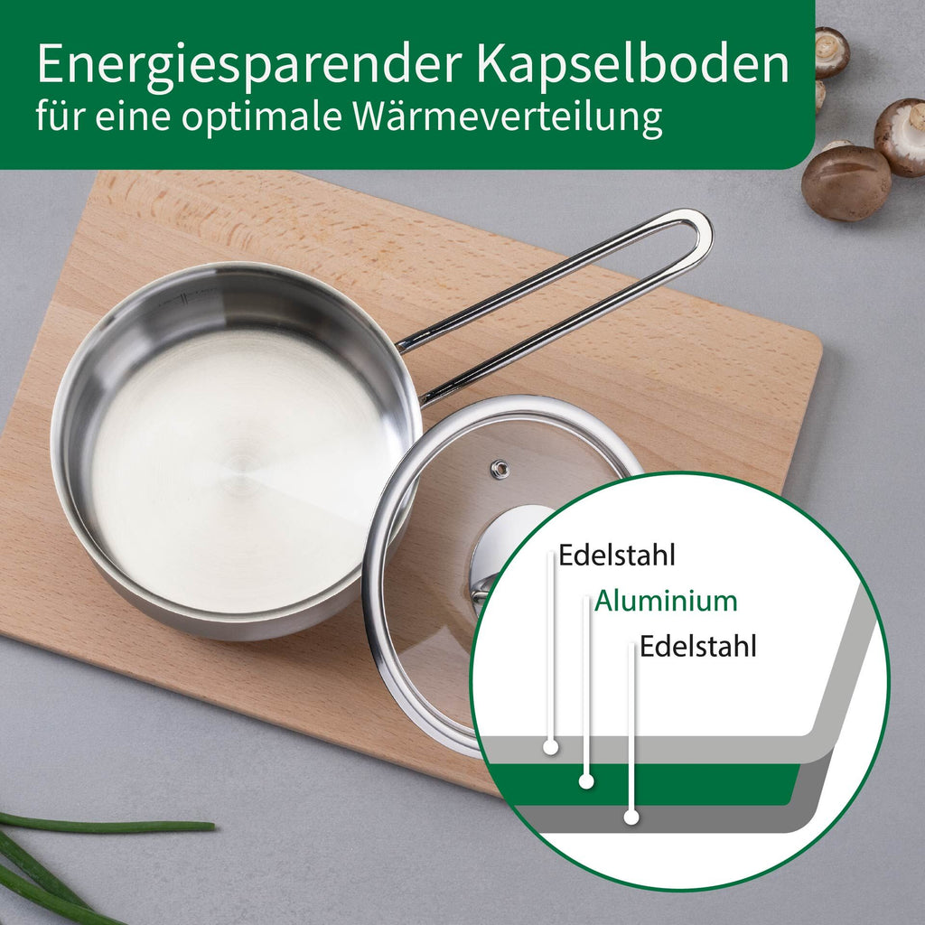 Kasserolle rustfritt stål med glasslokk Ø16 cm håndtak detalj