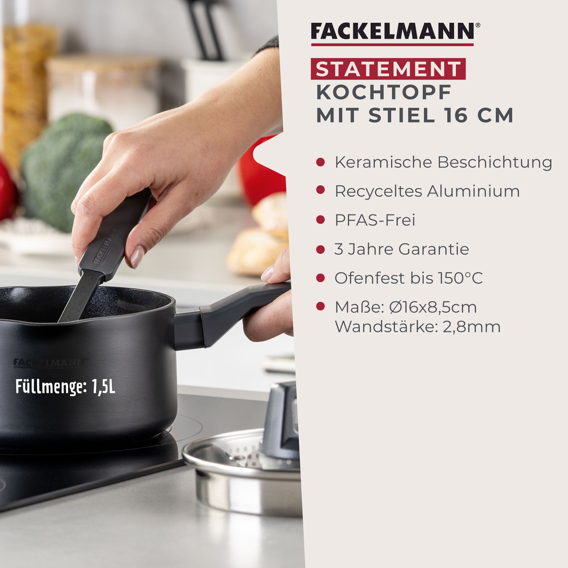 Glasslokket på Kasserolle med skaft Ø16 cm non-stick keramikk aluminium fra Fackelmann
