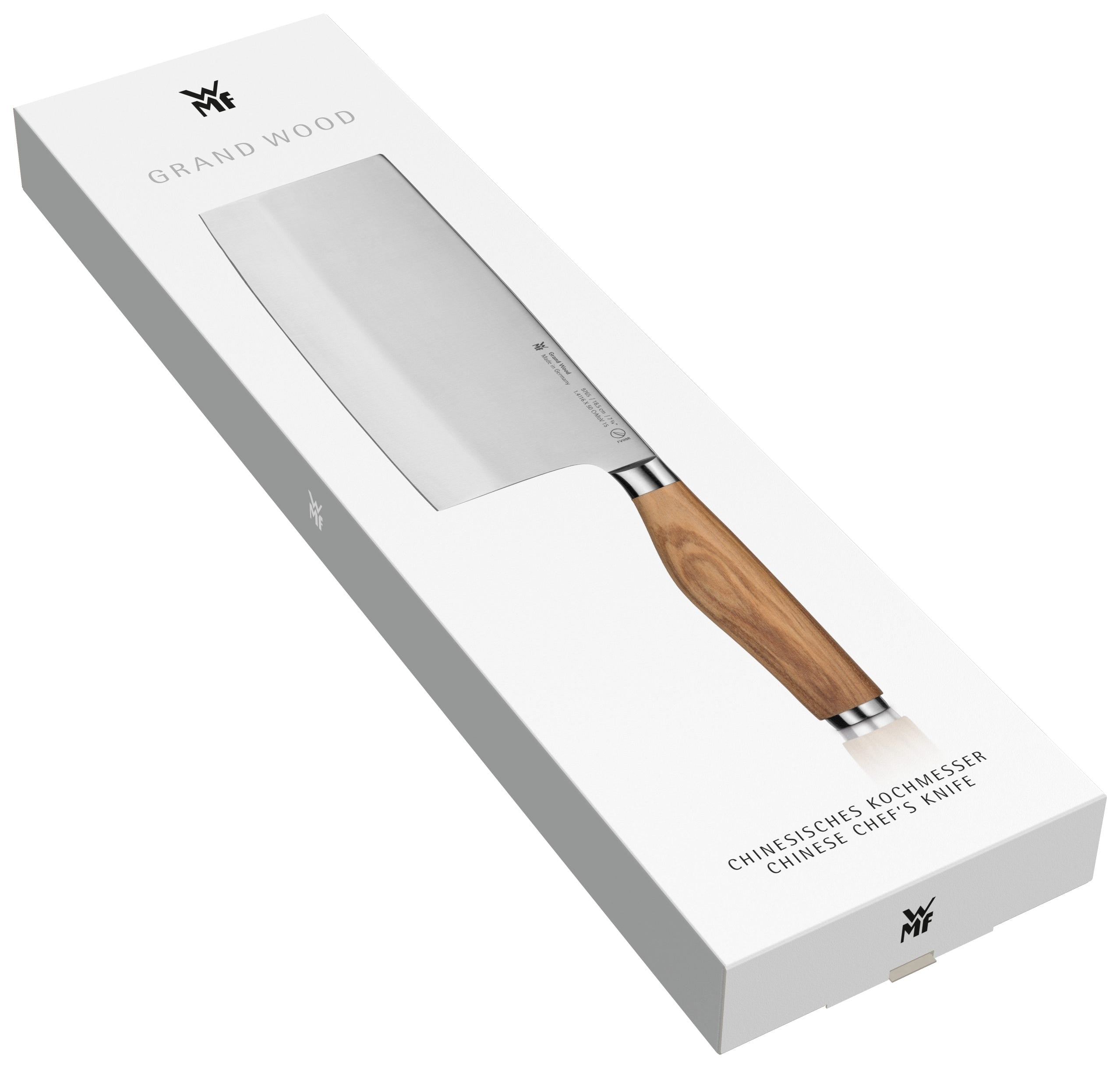 Kinesisk kokkekniv 18,5 cm oliventre Grand Wood WMF logo nærbilde
