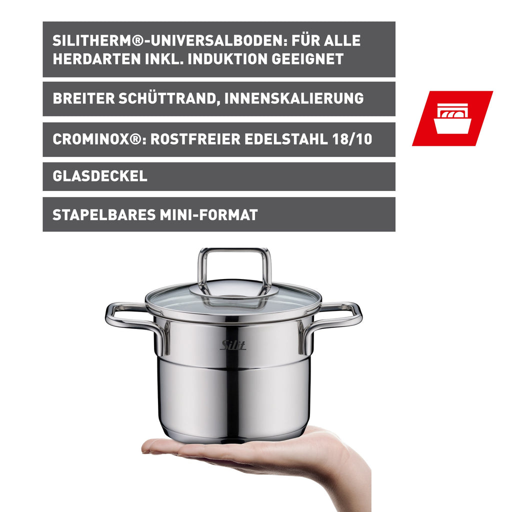 Kjele 12 cm rustfritt stål med glasslokk Extra Cook Mini på kjøkkenbenk