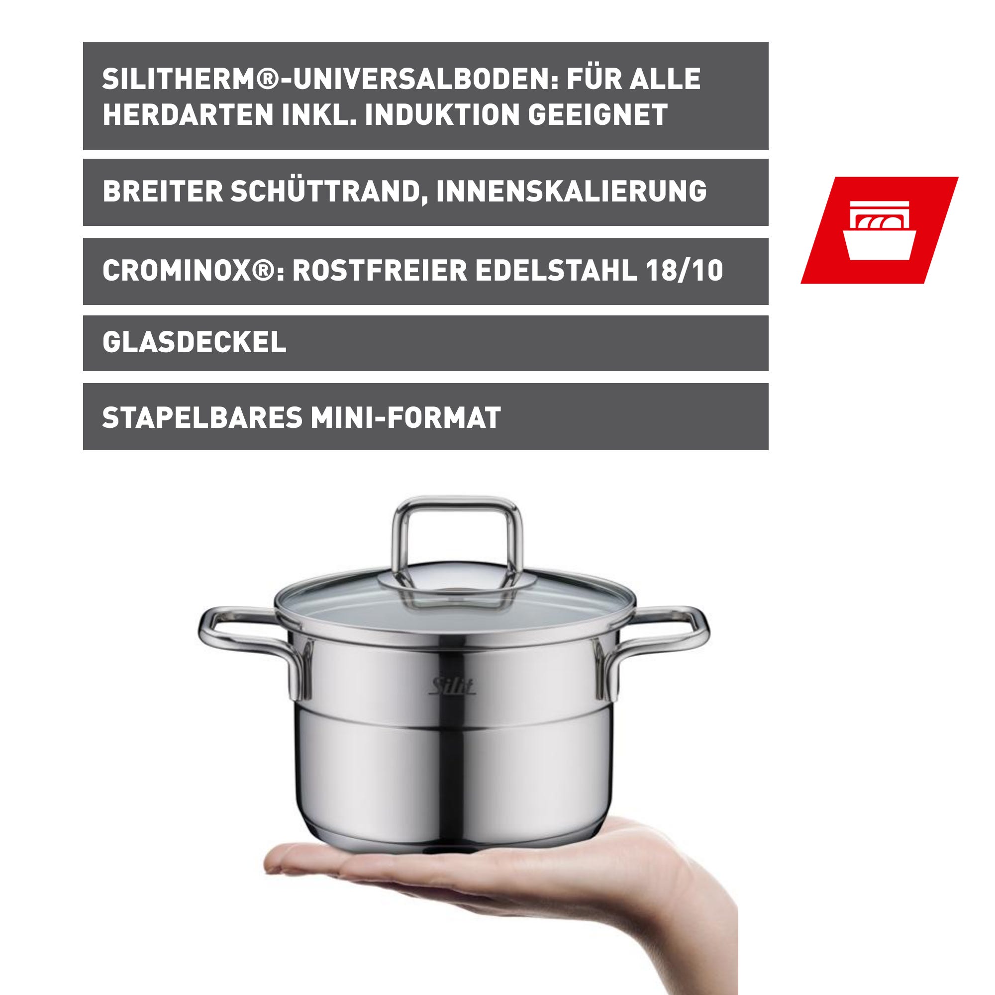 Kjele 14 cm rustfritt stål med glasslokk Extra Cook Mini Silit på kjøkkenbenk
