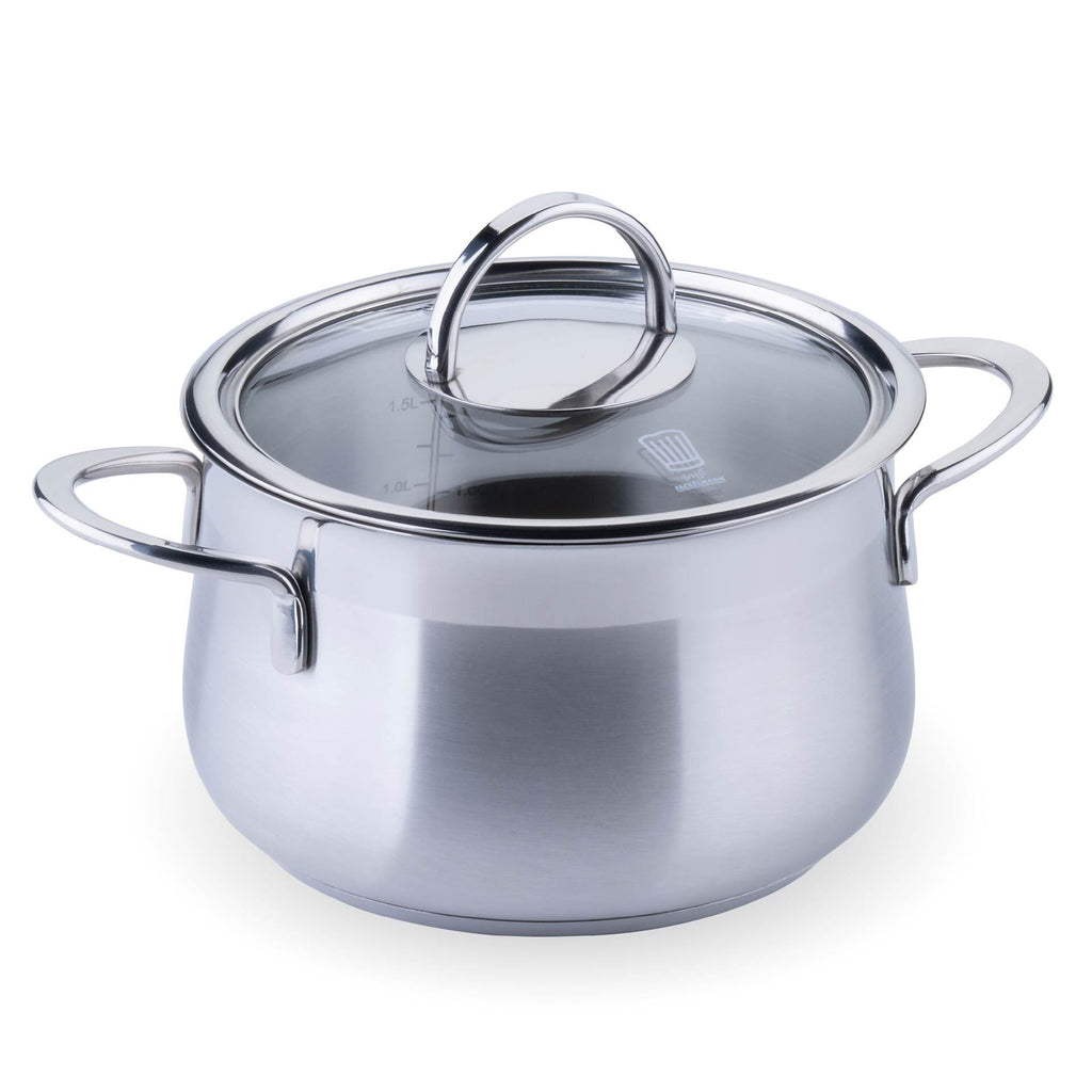 Kjele med glasslokk Leipzig Ø16 cm 2 L rustfritt stål forfra