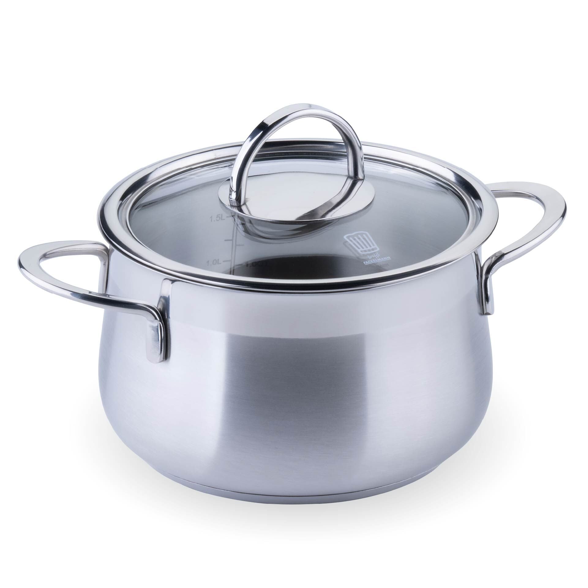 Kjele med glasslokk Leipzig Ø16 cm 2 L rustfritt stål forfra