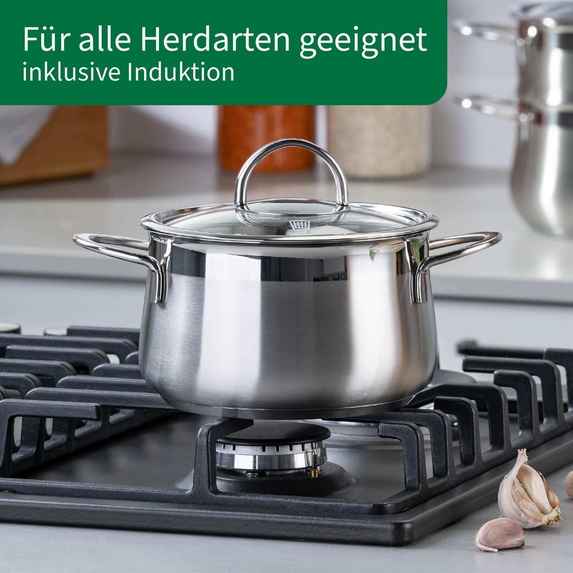 Oversikt over Kjele med glasslokk Leipzig Ø16 cm 2 L rustfritt stål i bruk