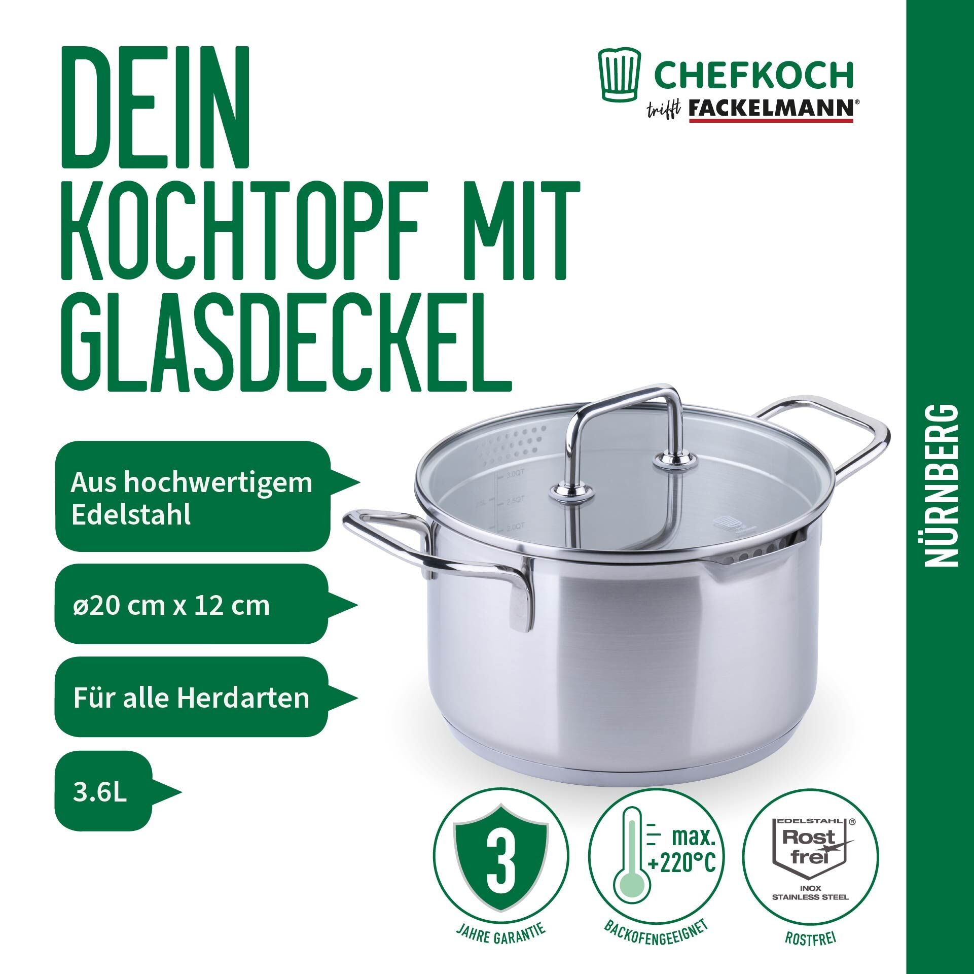 Kjele med glasslokk Nürnberg Ø20 cm rustfritt stål 3,6 L montert på komfyr