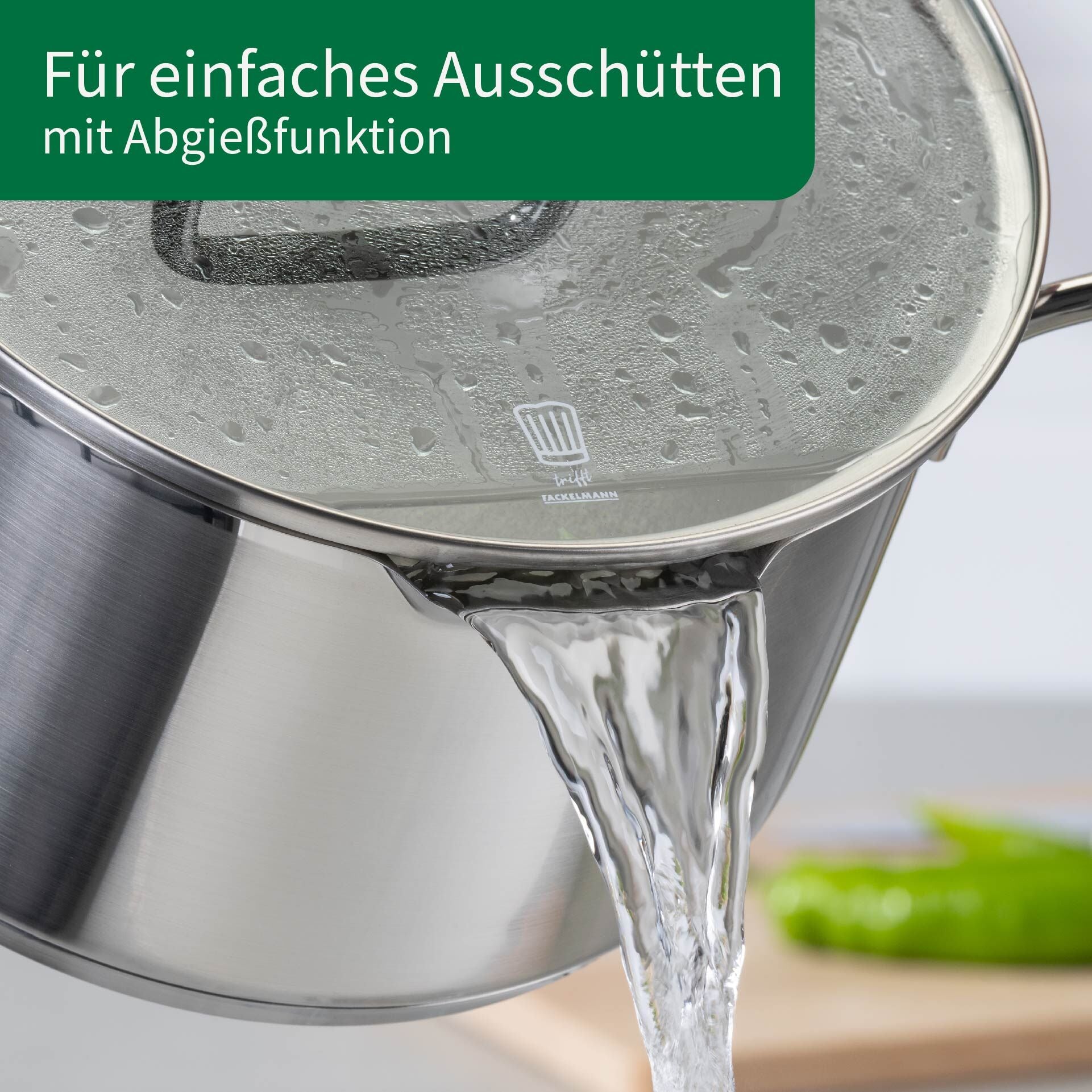 Kjele med glasslokk Nürnberg Ø24 cm rustfritt stål på kjøkkenbenk