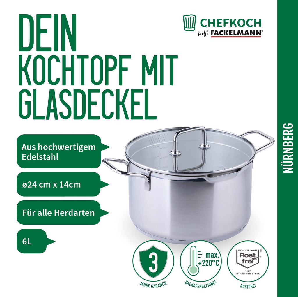 Kjele med glasslokk Nürnberg Ø24 cm rustfritt stål montert på komfyr