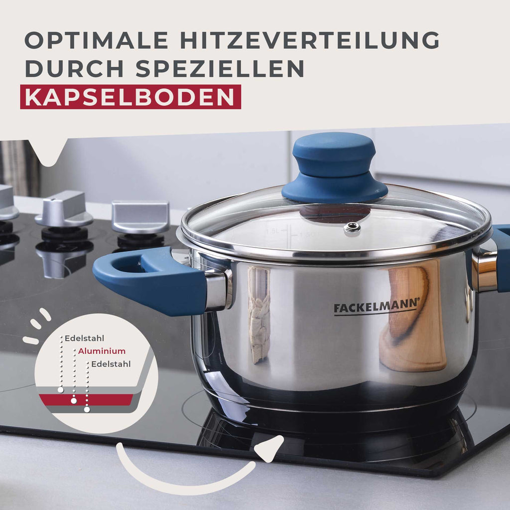 Kjele med lokk Essential Ø16 cm 1,8 L rustfritt stål blå med innhold