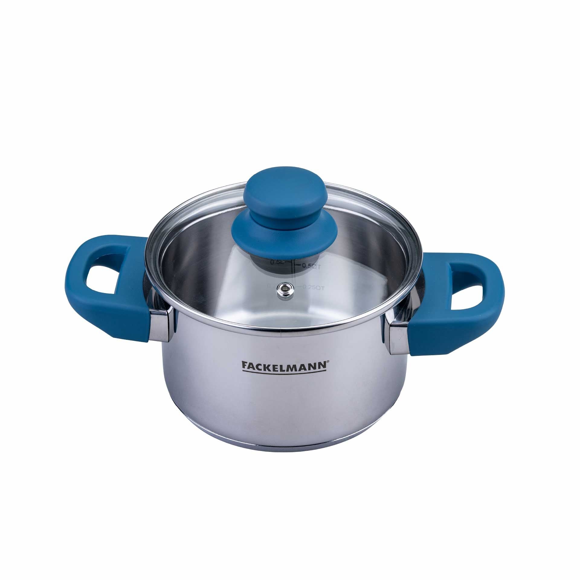 Kjele med lokk Essential Ø14 cm 1,3 L rustfritt stål blå forfra