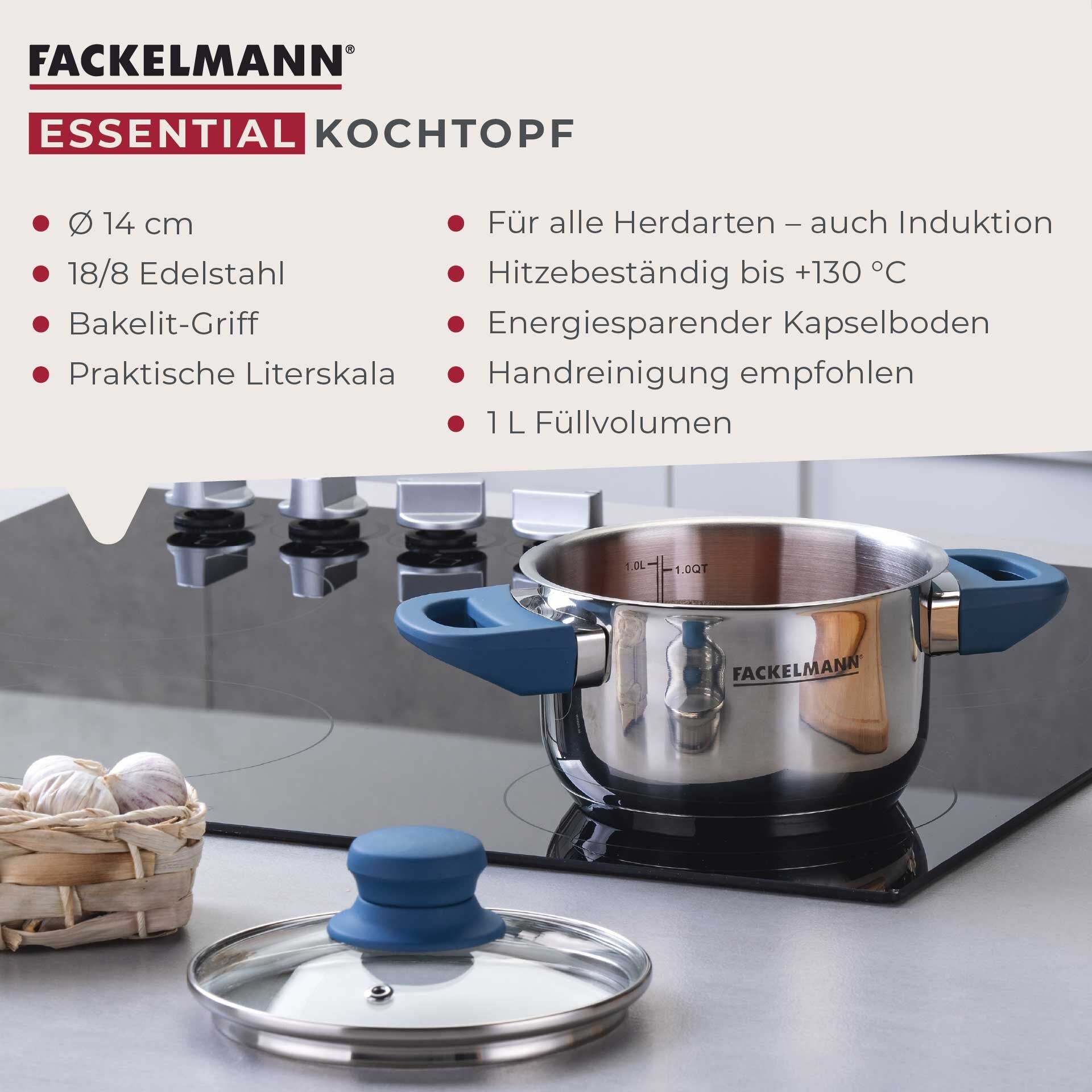 Kjele med lokk Essential Ø14 cm 1,3 L rustfritt stål blå montert på komfyr
