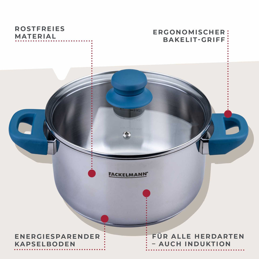 Detalj av håndtak på Kjele med lokk Essential Ø20 cm 3,4 L rustfritt stål blå