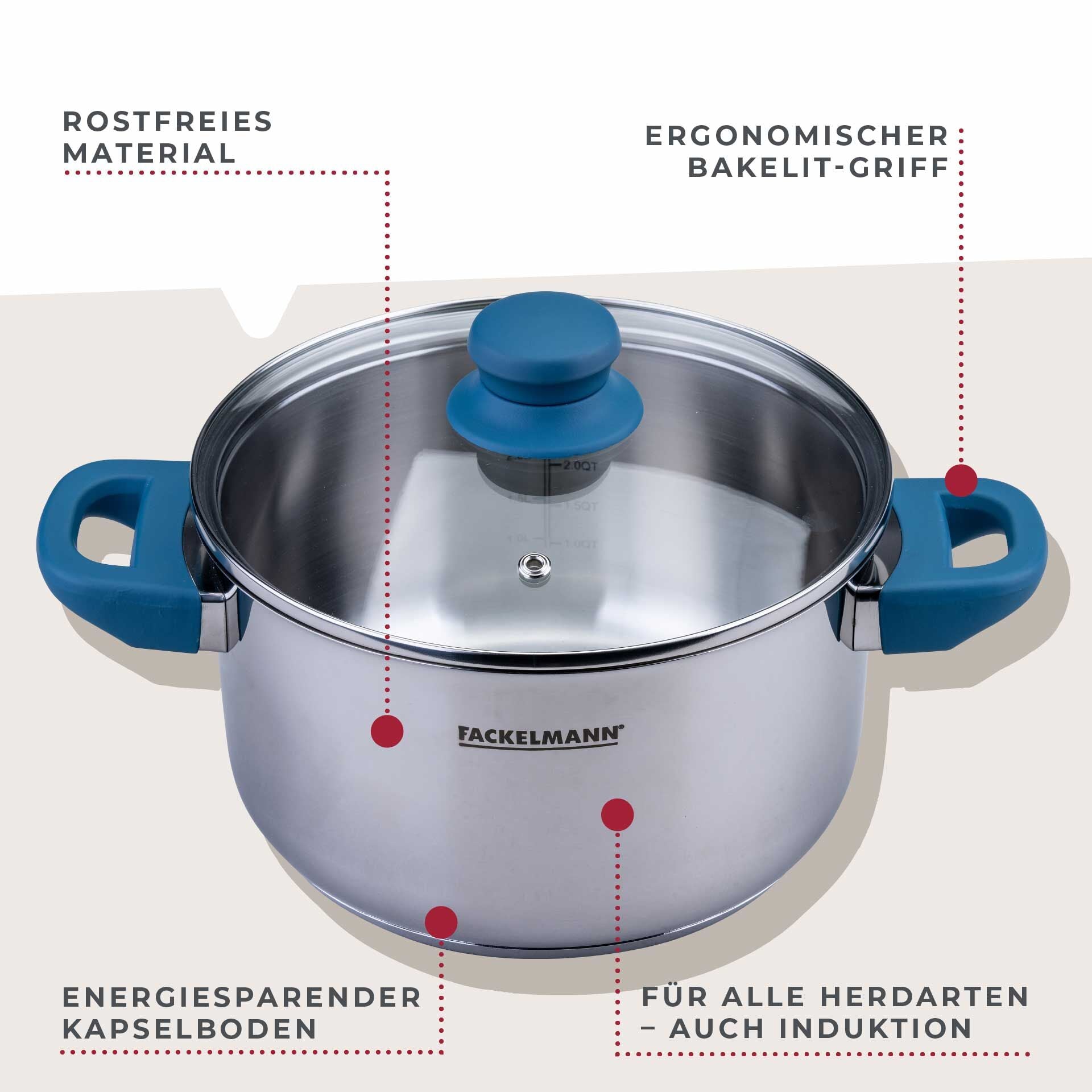 Detalj av håndtak på Kjele med lokk Essential Ø20 cm 3,4 L rustfritt stål blå