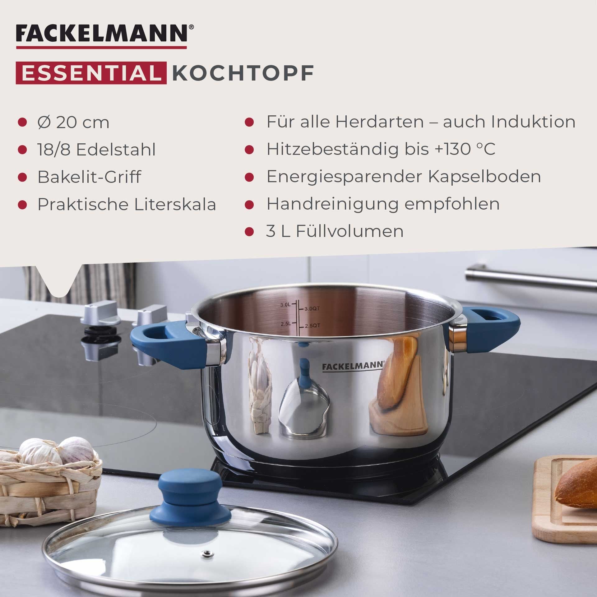 Kjele med lokk Essential Ø20 cm 3,4 L rustfritt stål blå med lokk på