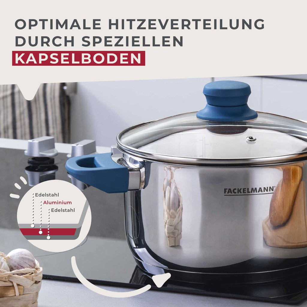 Kjele med lokk Essential Ø20 cm 3,4 L rustfritt stål blå på komfyr