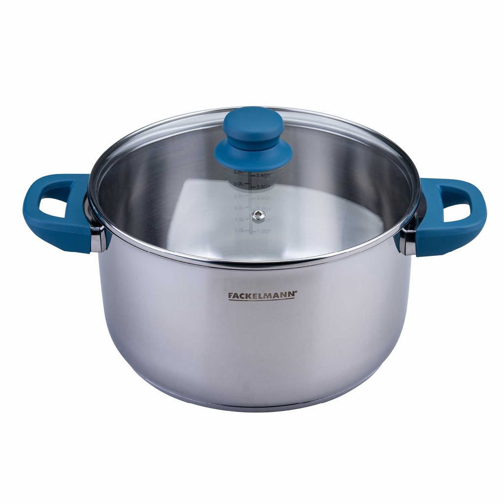 Kjele med lokk Essential Ø24 cm 5,4 L rustfritt stål blå forfra