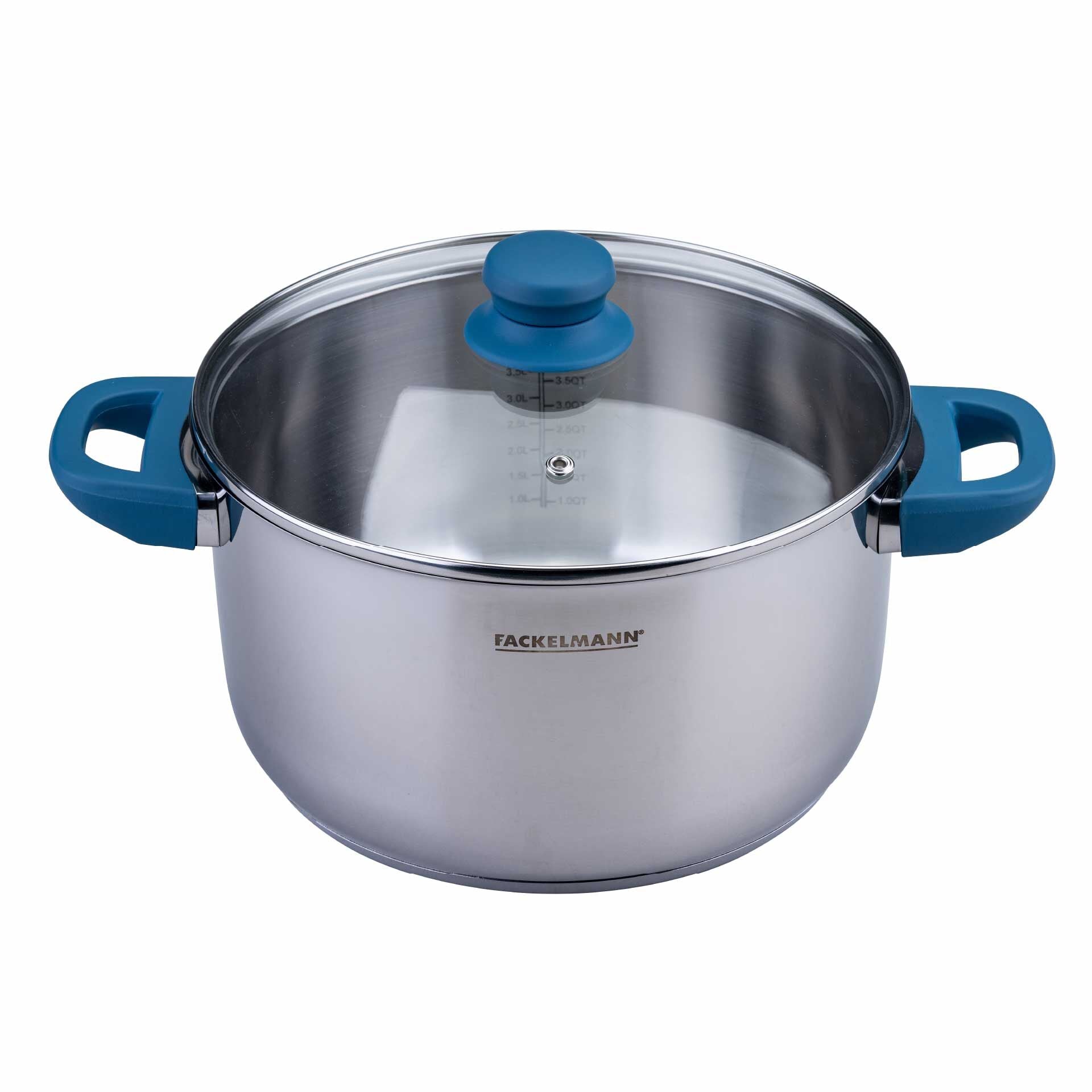 Kjele med lokk Essential Ø24 cm 5,4 L rustfritt stål blå forfra