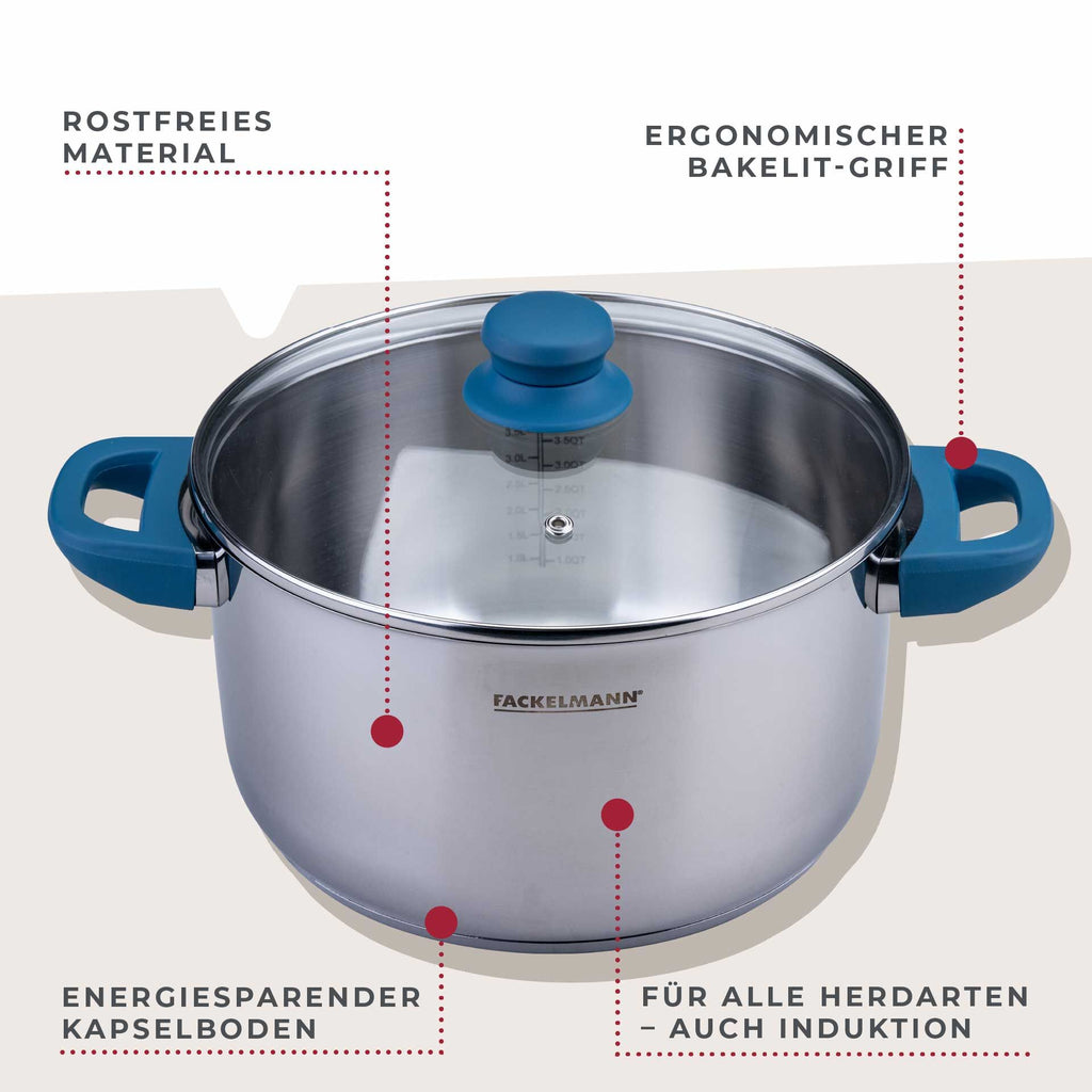 Detalj av håndtak på Kjele med lokk Essential Ø24 cm 5,4 L rustfritt stål blå