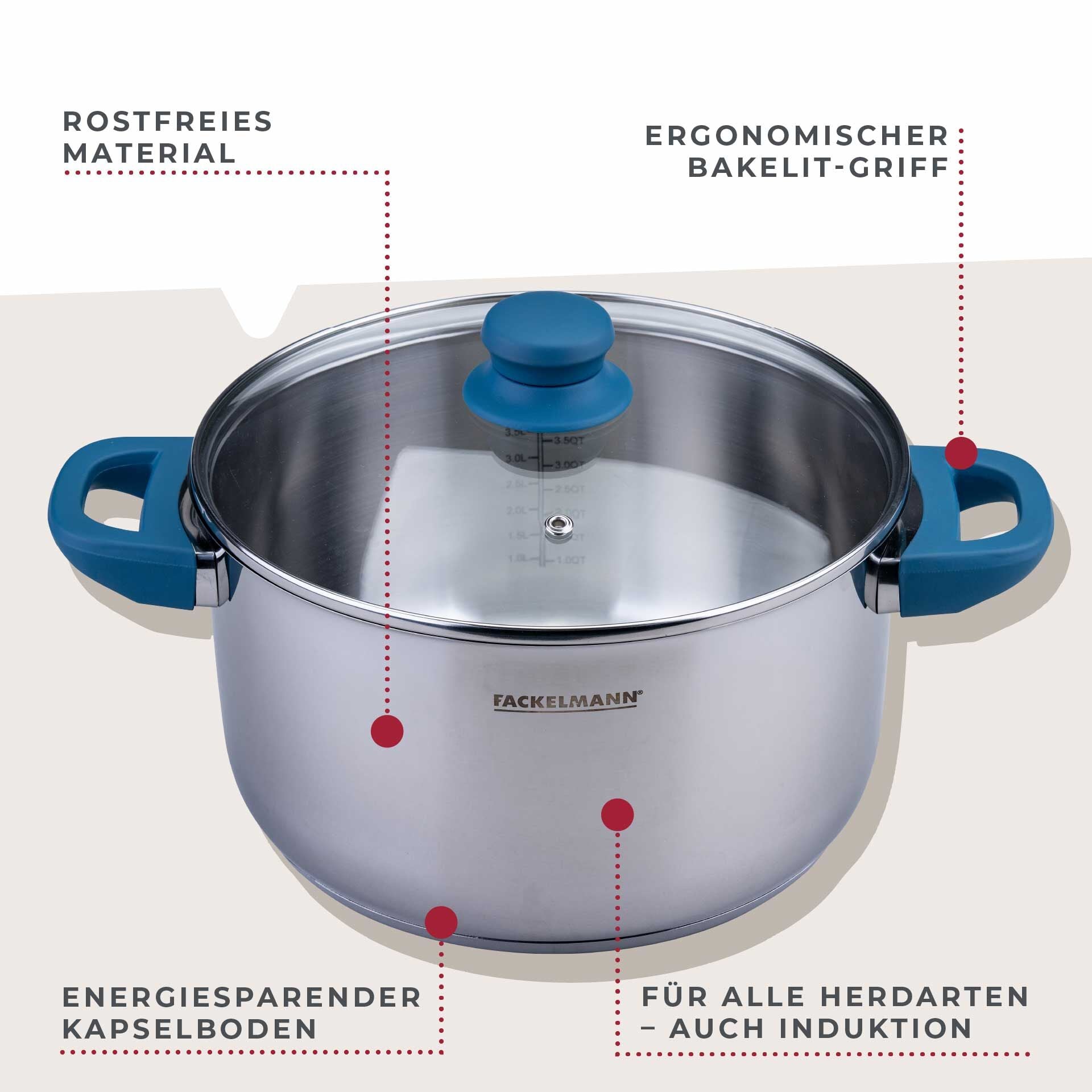 Detalj av håndtak på Kjele med lokk Essential Ø24 cm 5,4 L rustfritt stål blå