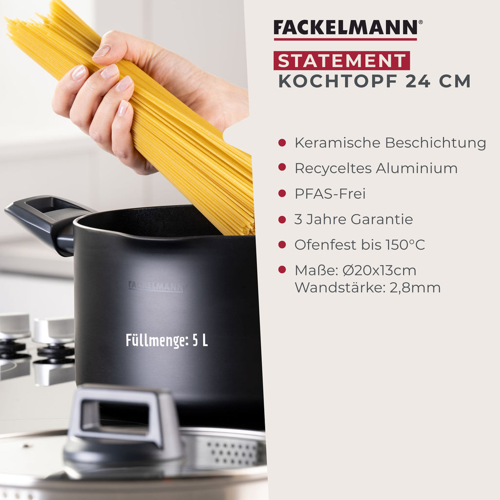 Kjele med lokk Ø24 cm non-stick keramikk resirkulert aluminium - Fackelmann håndtak nærbilde