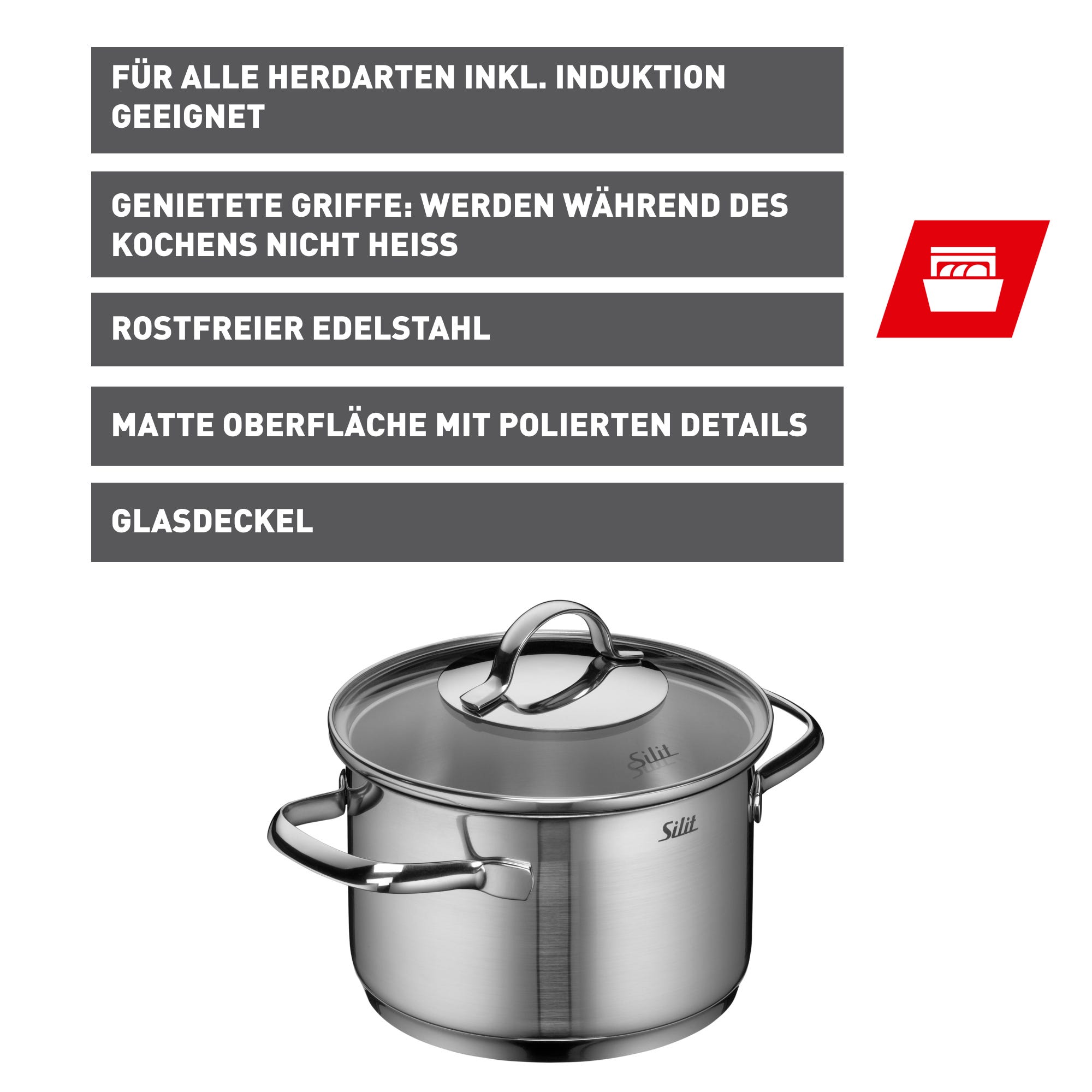 Kjele rustfritt stål 16 cm med glasslokk, induksjon montert på kokeplate