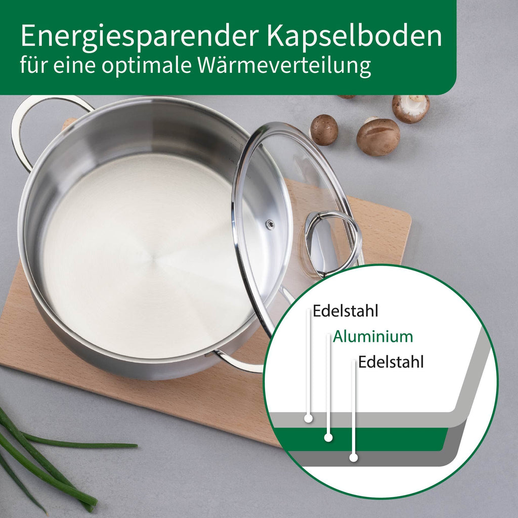 Visning av innsiden med literskala i Kjele rustfritt stål med glasslokk Ø24 cm 6 L
