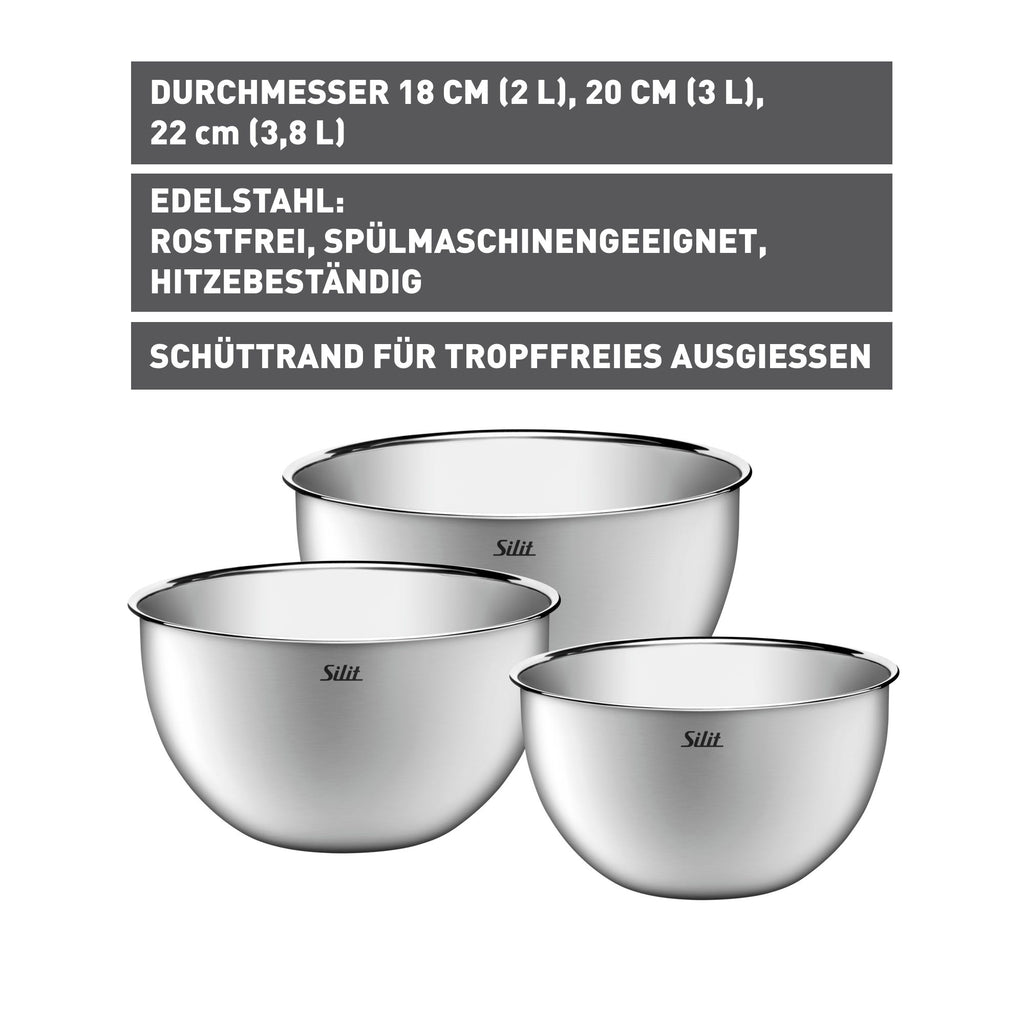 Kjøkkenbolle-sett 3-delt rustfritt stål med hellekant - Silit detalj av hellekant