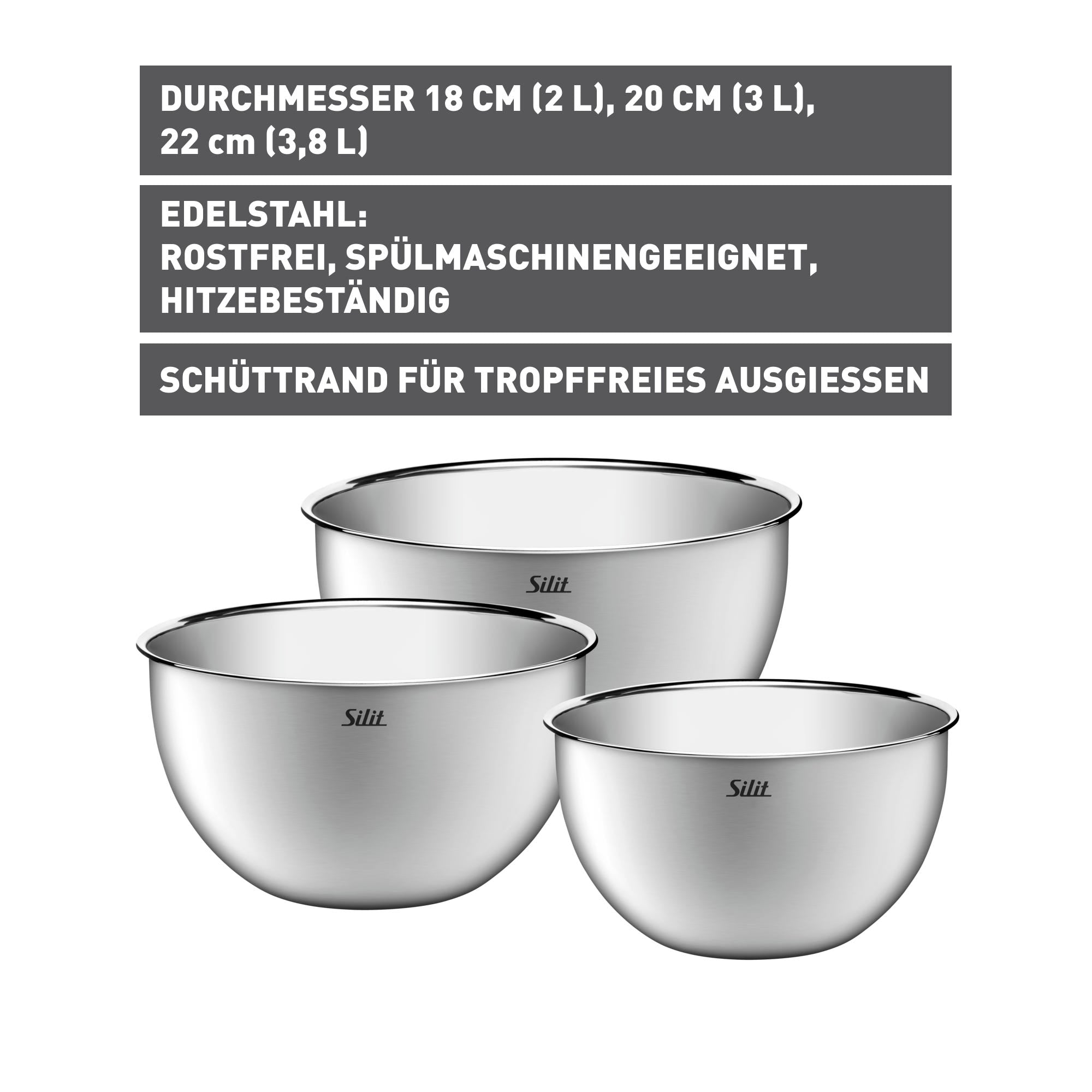 Kjøkkenbolle-sett 3-delt rustfritt stål med hellekant - Silit detalj av hellekant