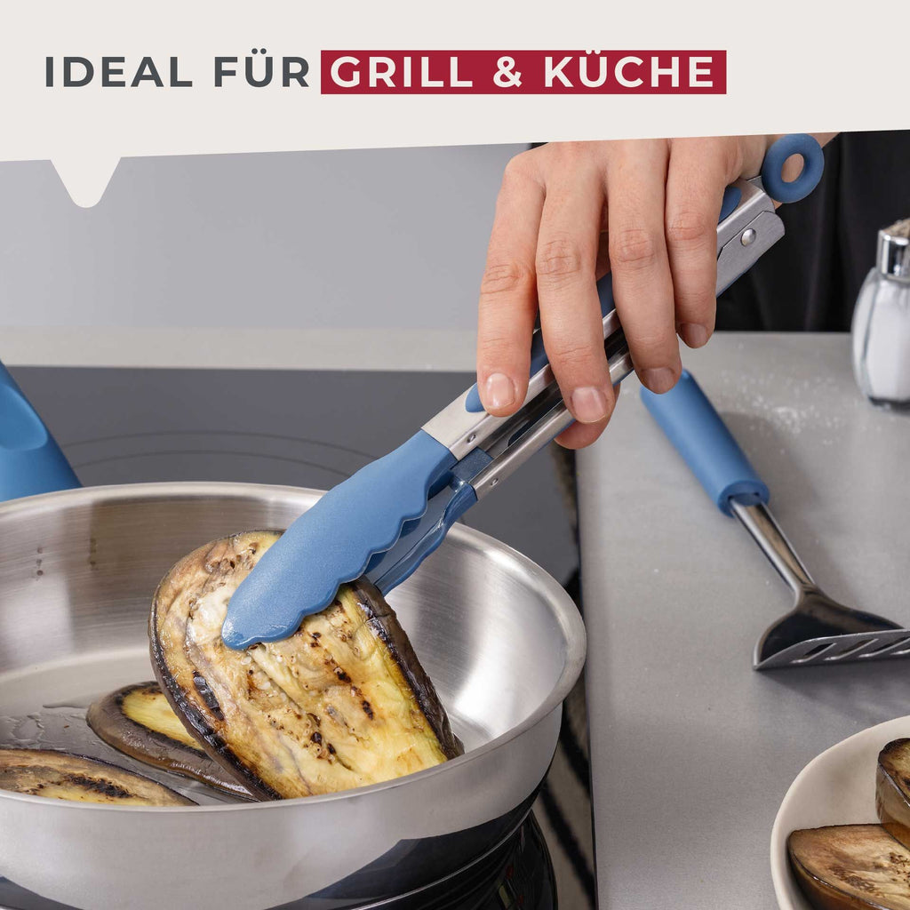 Kjøkkentang rustfritt stål blå 30 cm sideprofil