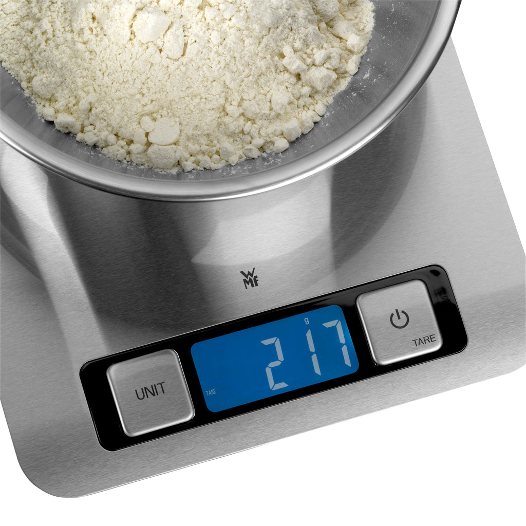 Kjøkkenvekt digital 20 x 20 cm rustfritt stål 5 kg - WMF med batteriindikator