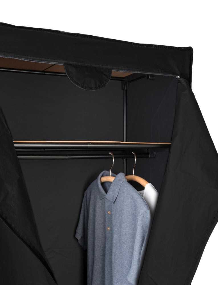 Klesstativ Deep Black med hylle, metallramme, svart bakside