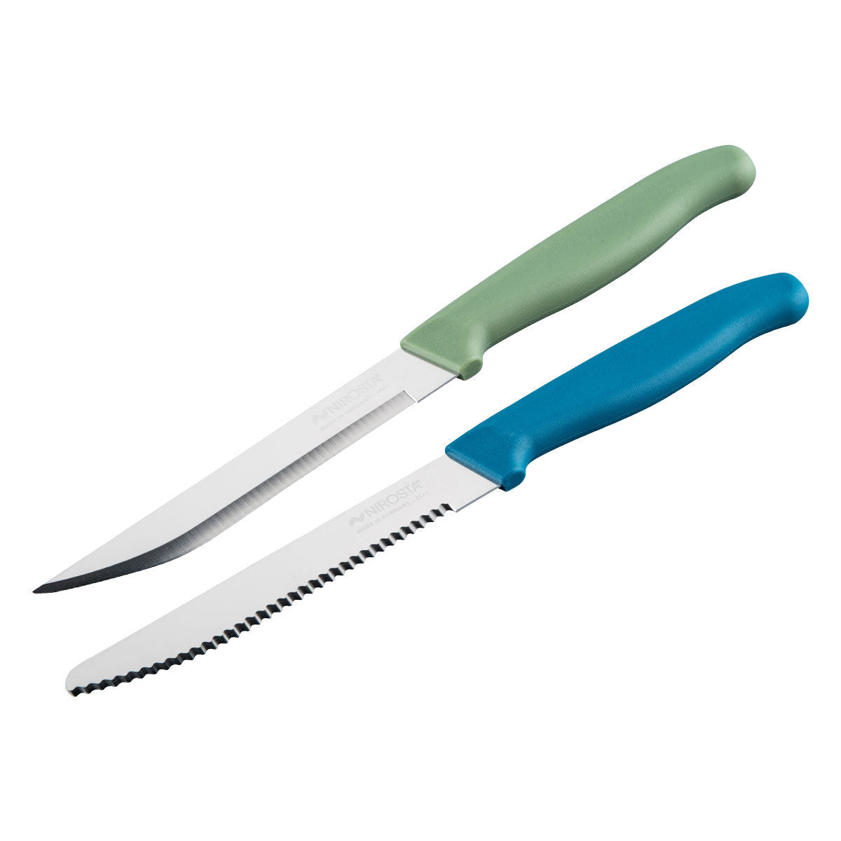 Knivset 2-delt frokost- og universalkniv grønn/blå forfra