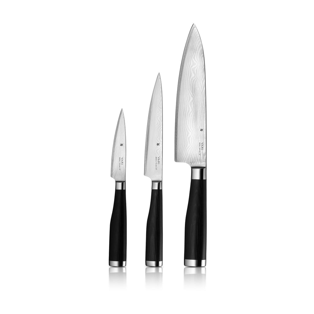 Knivset 3-delt damaskusstål med trehåndtak 20/15/10 cm - WMF Yari forfra