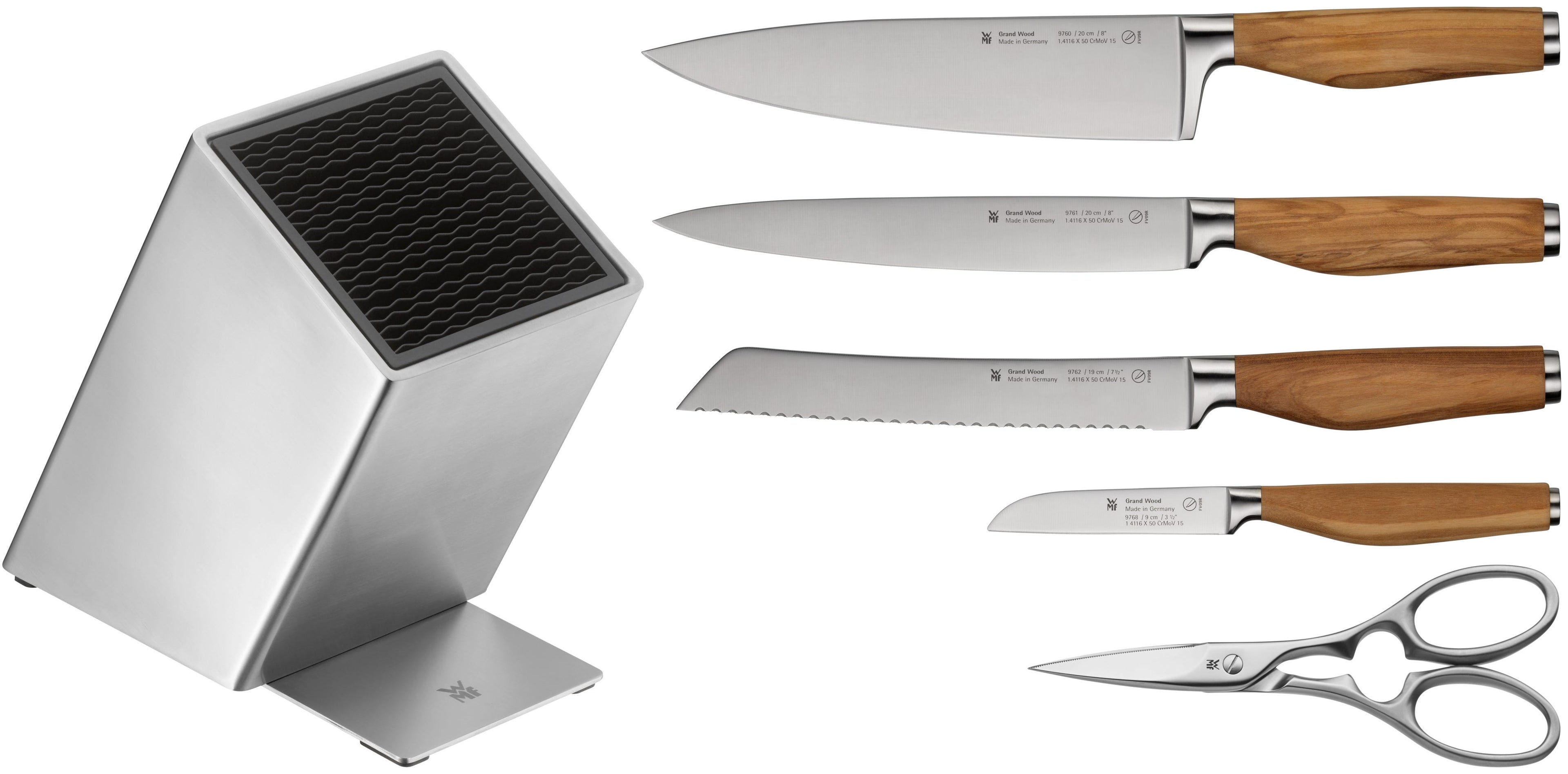 Knivsett 6-delt Grand Wood med FlexTec knivblokk oliventre bakside