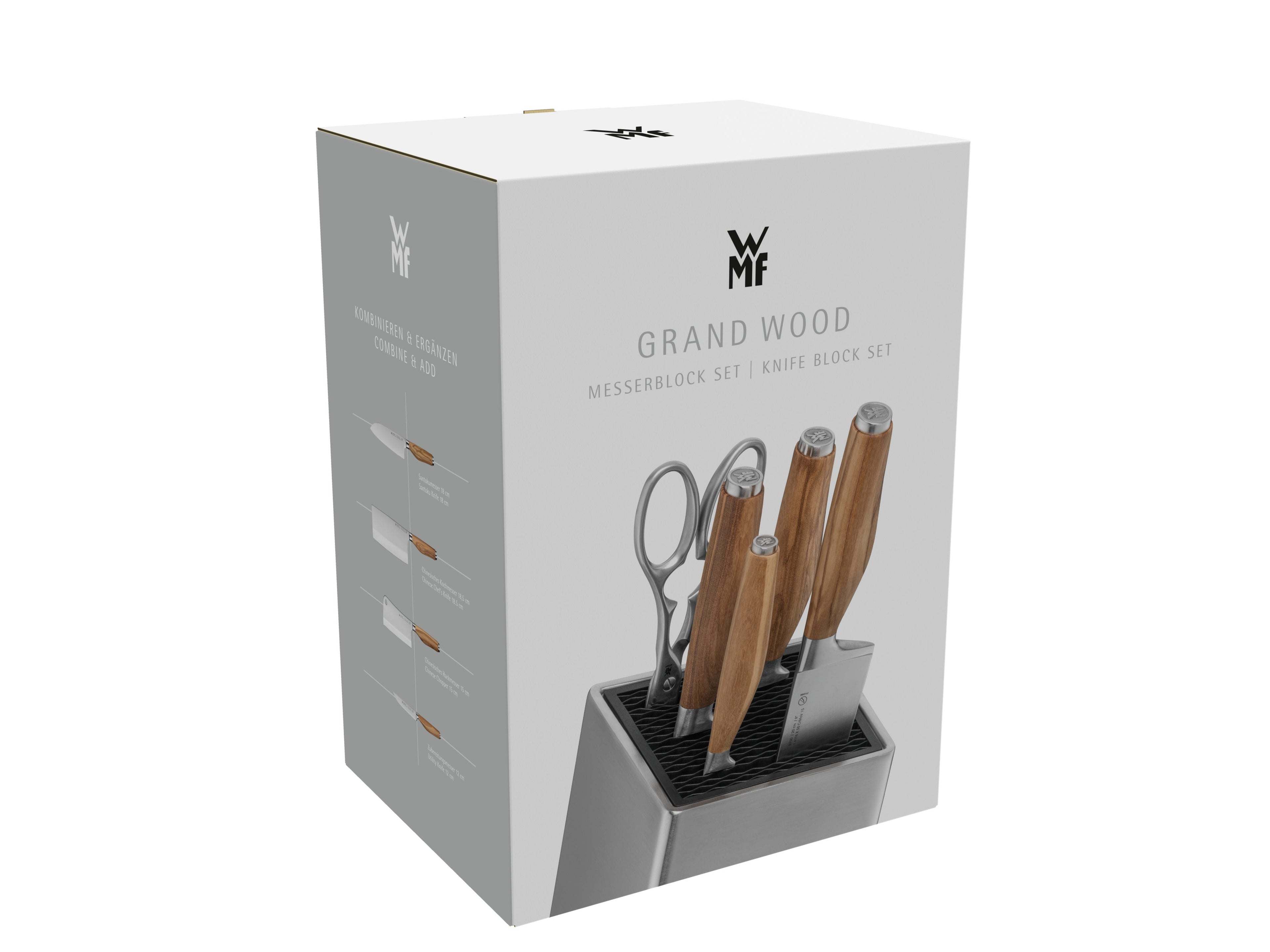 Knivsett 6-delt Grand Wood med FlexTec knivblokk oliventre pakket i eske