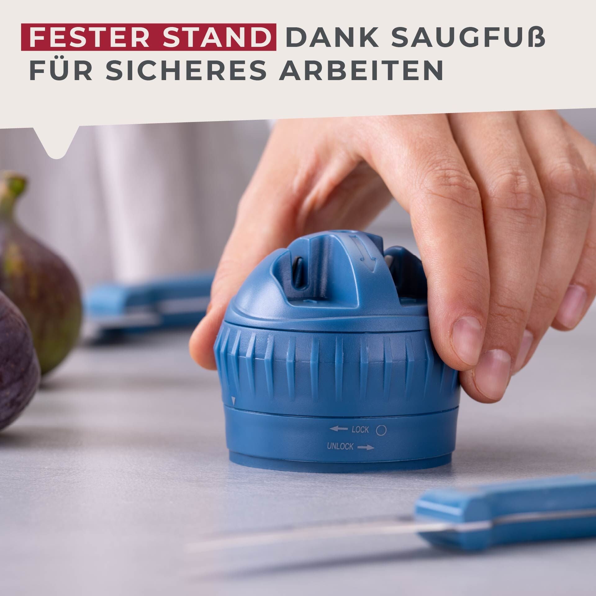 Knivsliper manuell med sugekopp blå 6,5 cm nærbilde av skjerpedelen