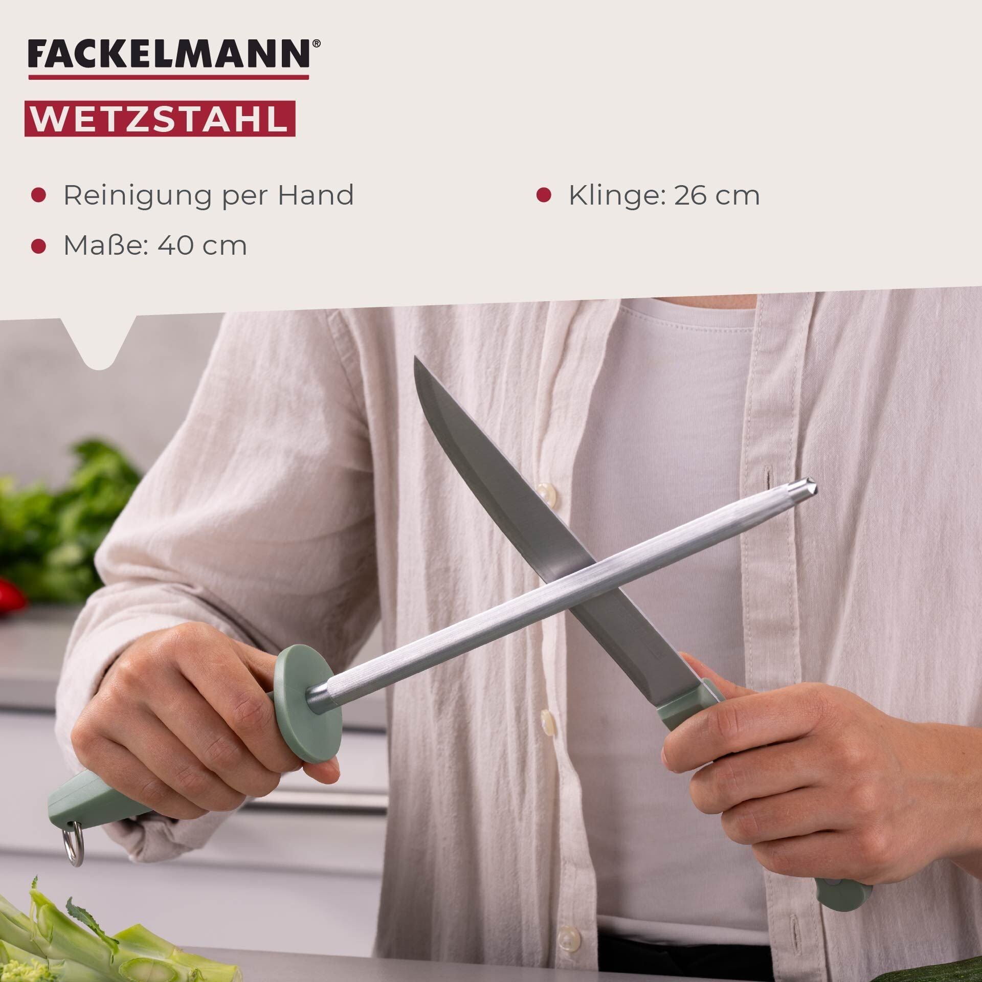 Knivstål grå-grønn med opphengskrok detalj av grep