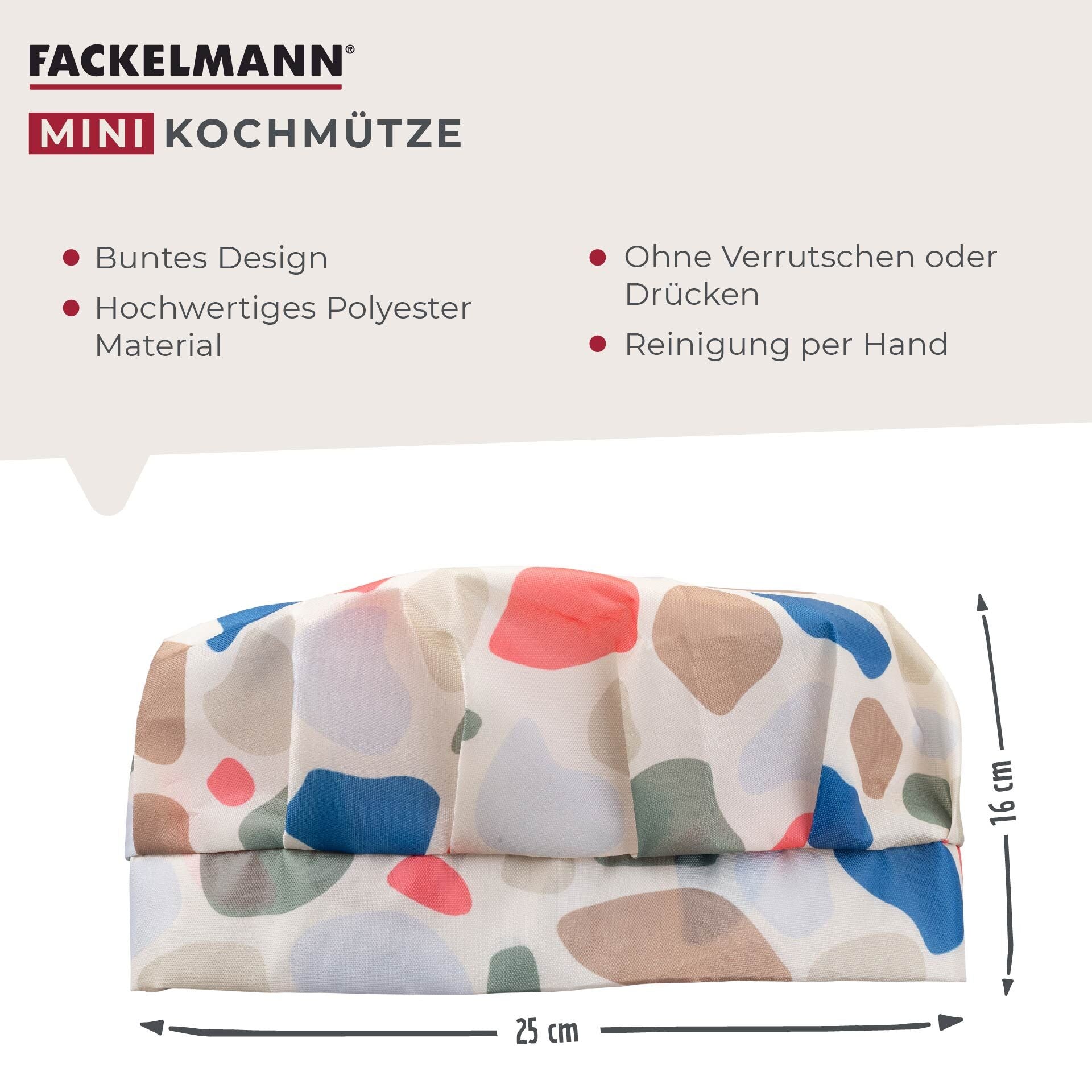Kokkehatt for barn fargerik polyester 16×25 cm montert