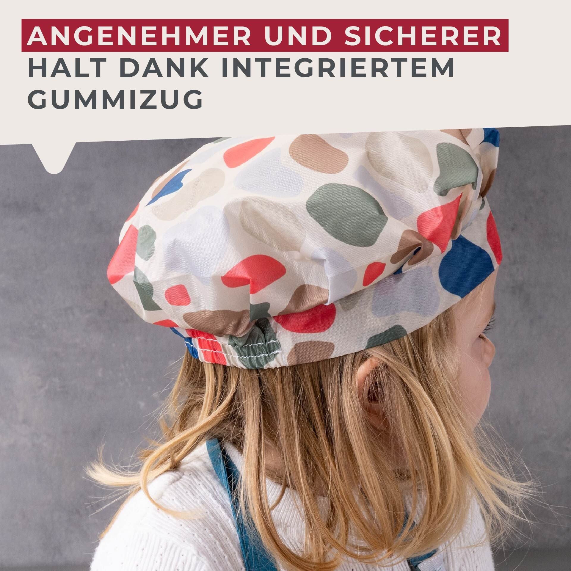Kokkehatt for barn fargerik polyester 16×25 cm nærbilde
