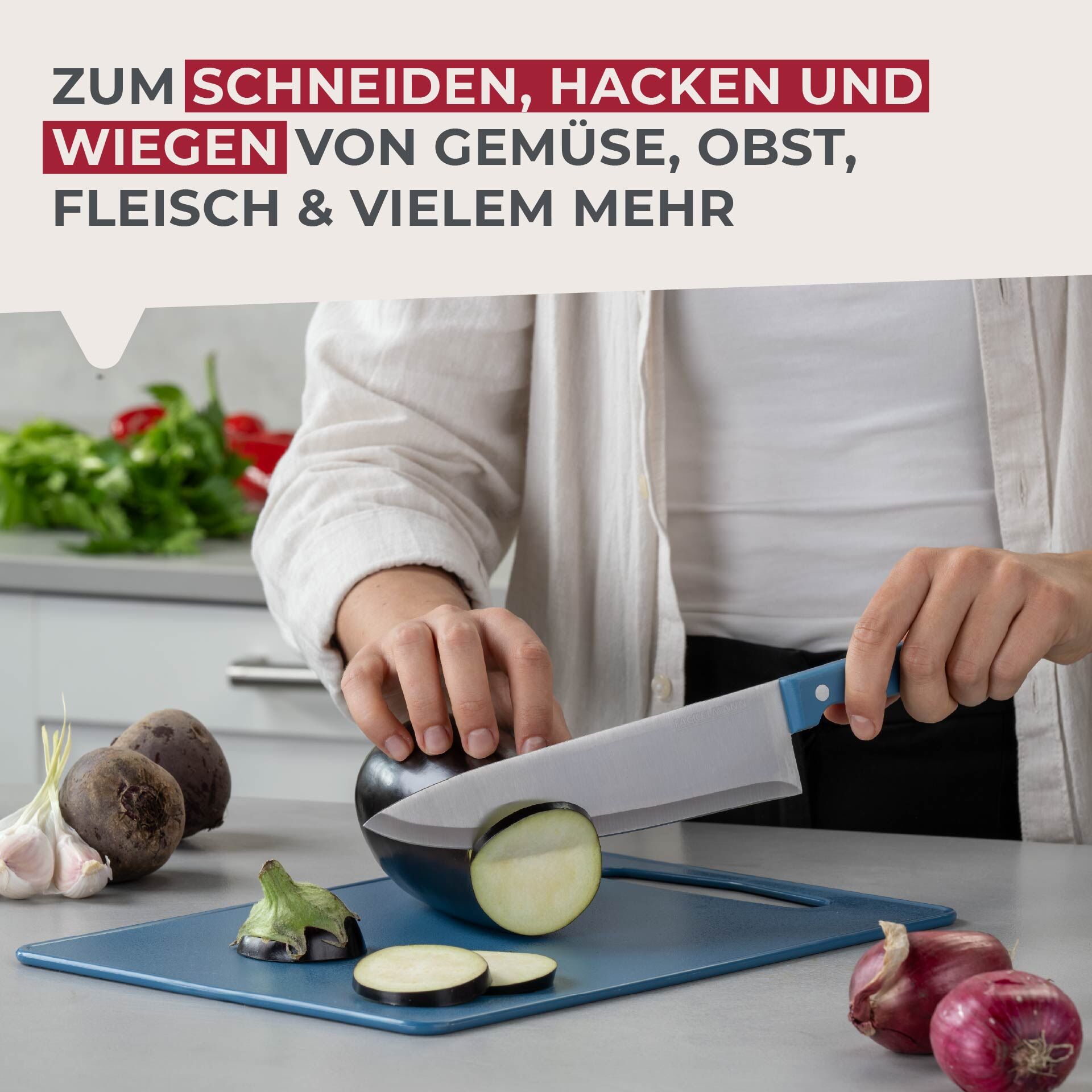 Nærbilde av blad på Kokkekniv blå 20 cm rustfritt stål - Fackelmann