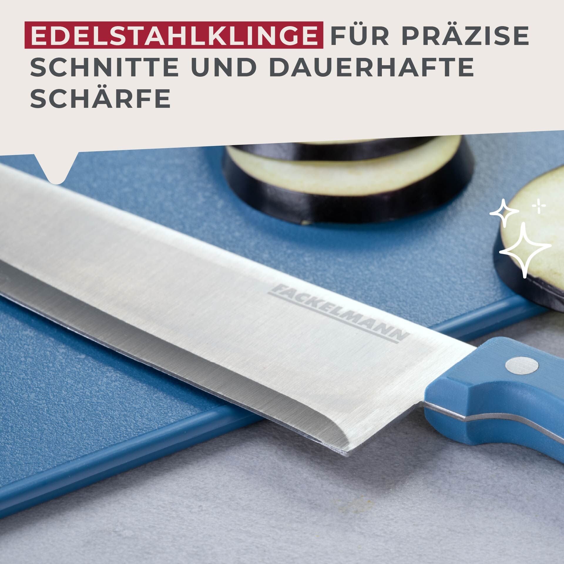 Kokkekniv blå 20 cm rustfritt stål - Fackelmann håndtak detalj