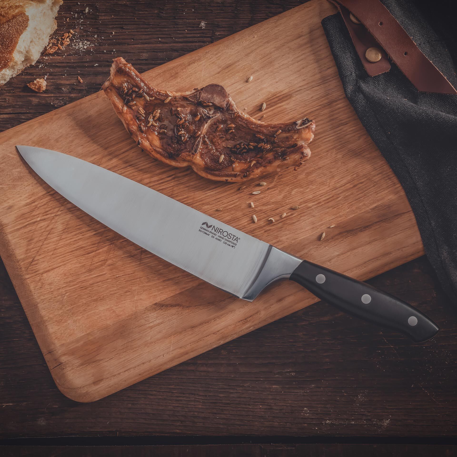Kokkekniv Trinity 20 cm rustfritt stål blad bakside