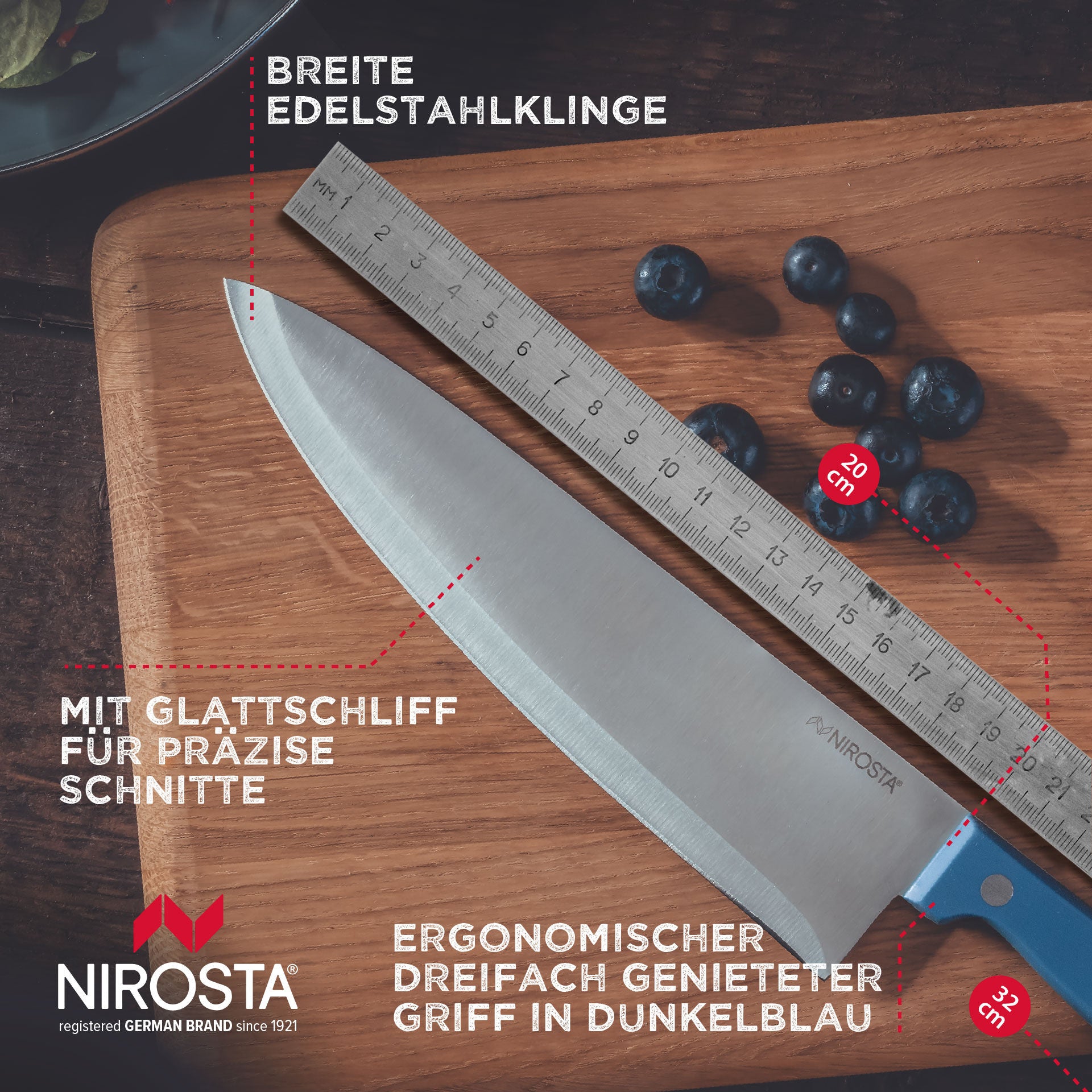 Kokkekniv Trio 20,5 cm rustfritt stål - Nirosta montert på skjærefjøl