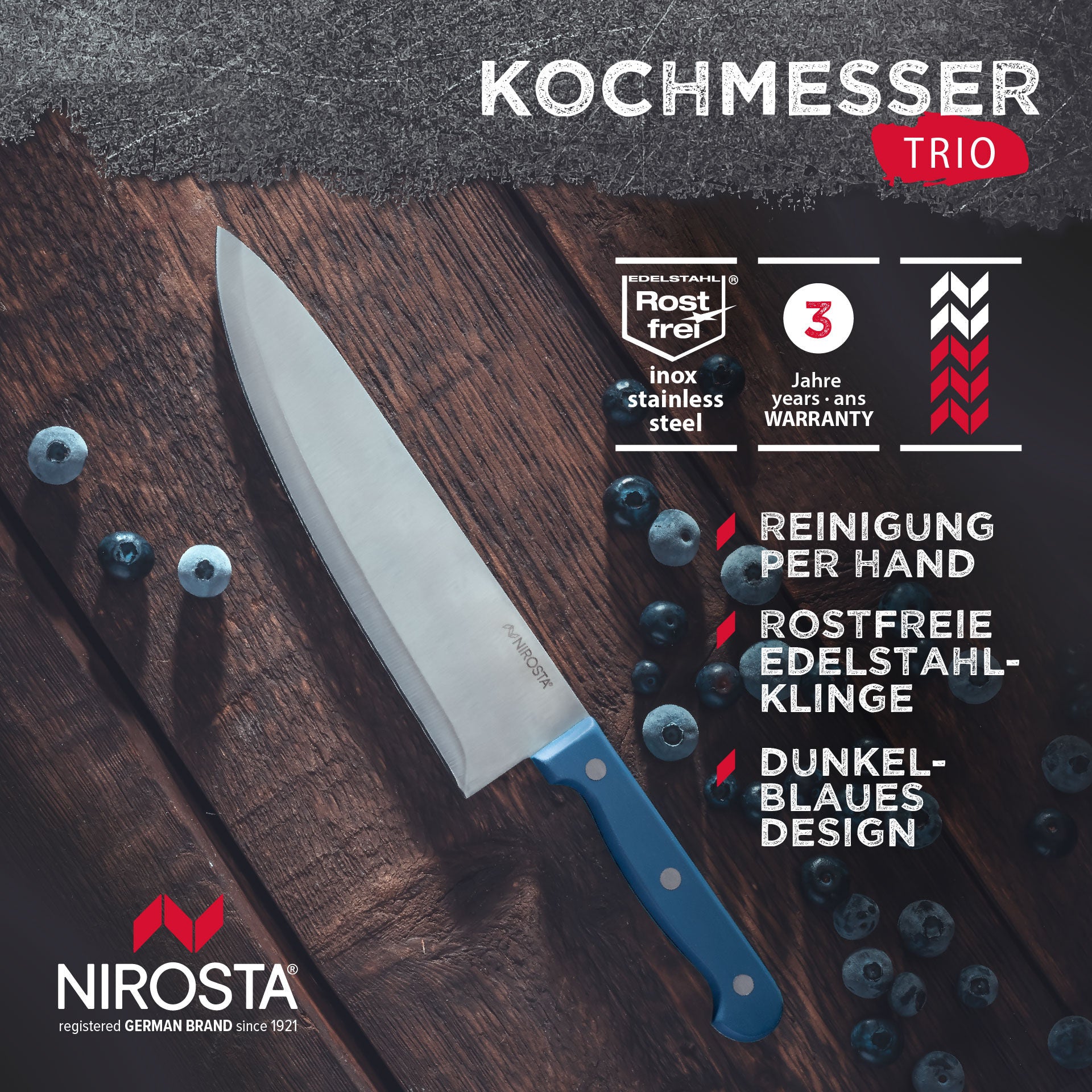 Kokkekniv Trio 20,5 cm rustfritt stål - Nirosta nærbilde av grep