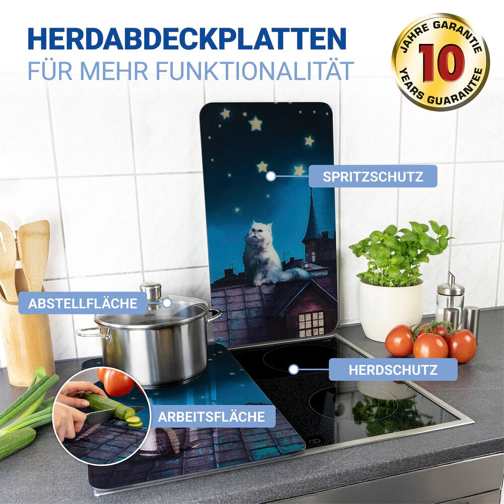 Komfyrdeksel glass 2-delt sett kattemotiv universal bakside