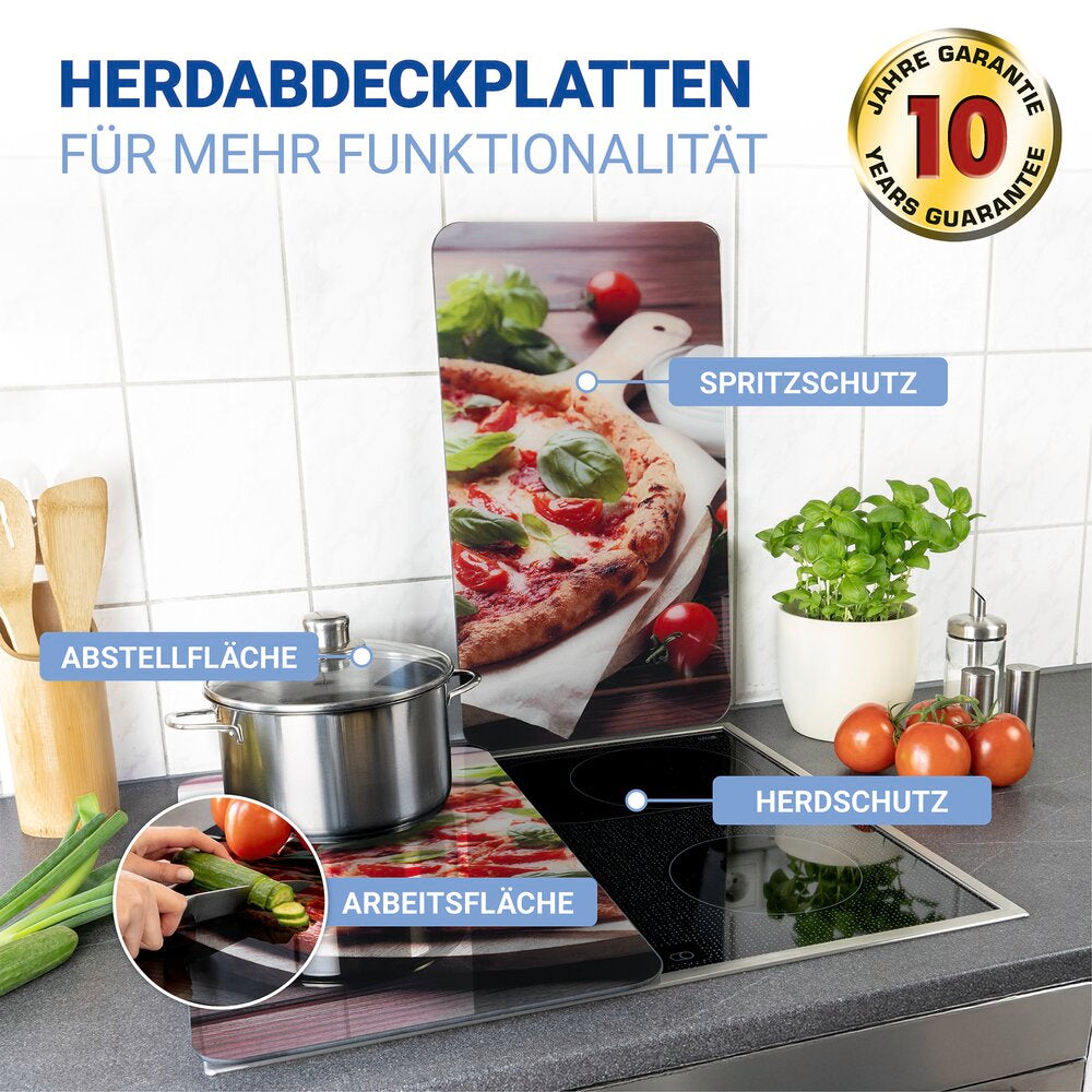 Komfyrdeksel glass 2-delt sett pizza-motiv universal bakside