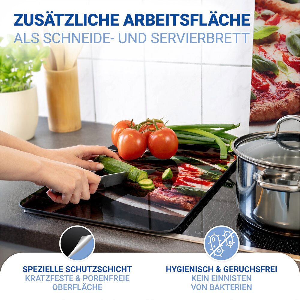 Montert komfyrdeksel glass 2-delt sett pizza-motiv universal