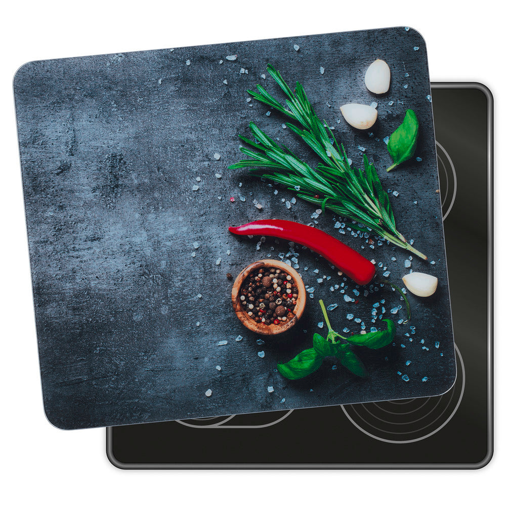Komfyrplate glass 56×50 cm rosmarinmotiv fokus på rosmarinmotiv