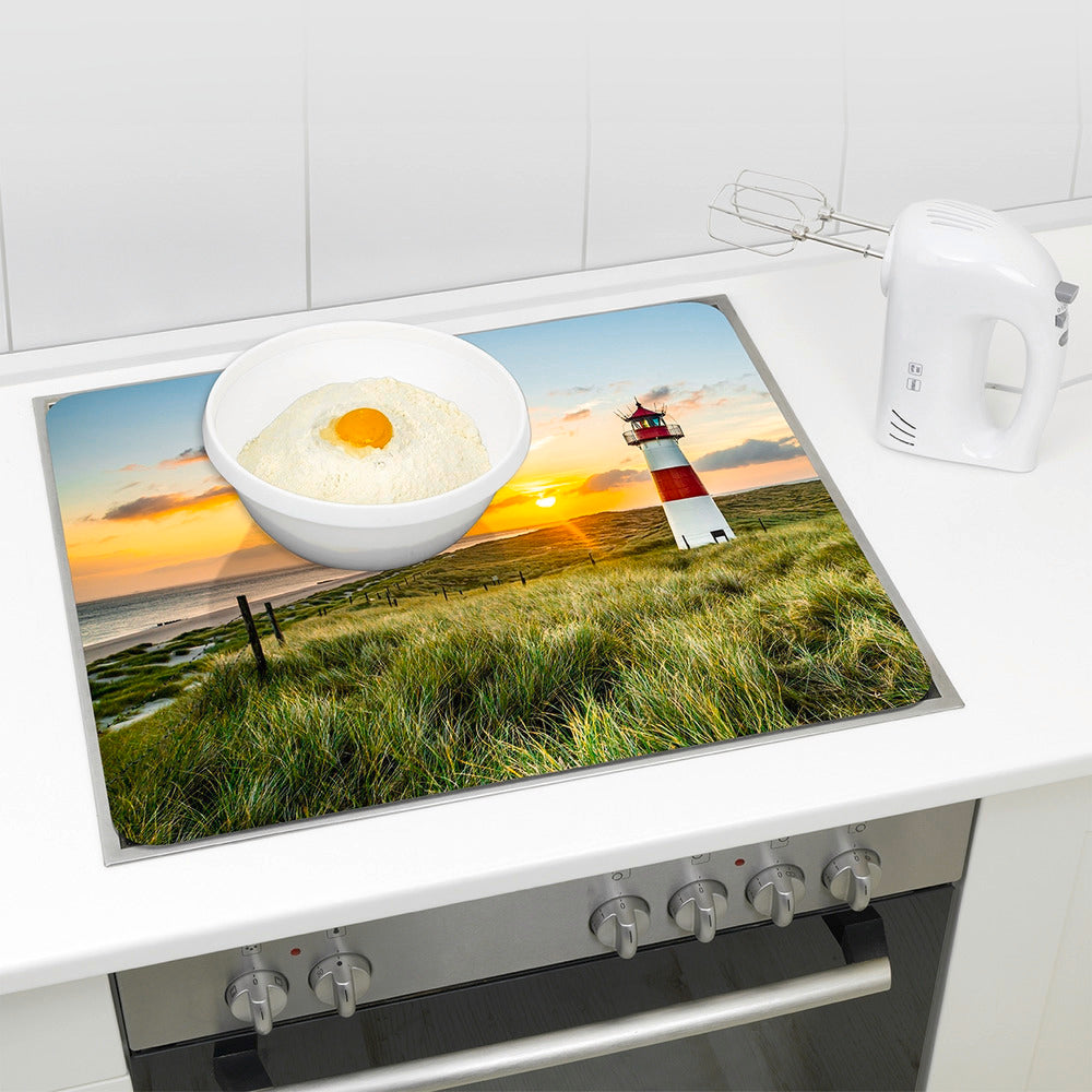 Komfyrplate glass fyrtårnmotiv 56x50 cm for glasskeramikk i kjøkkenmiljø