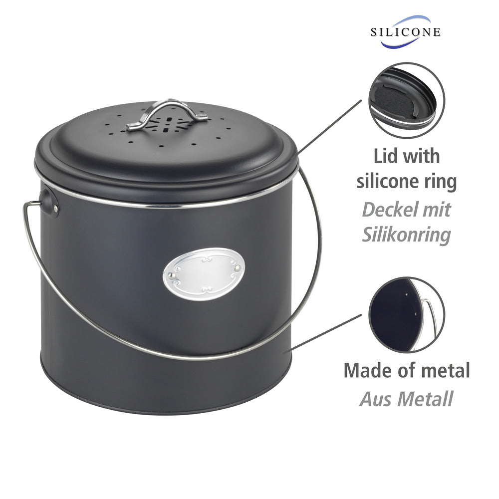 Kompostbøtte Nero 6 L svart metall med kullfilter bakside