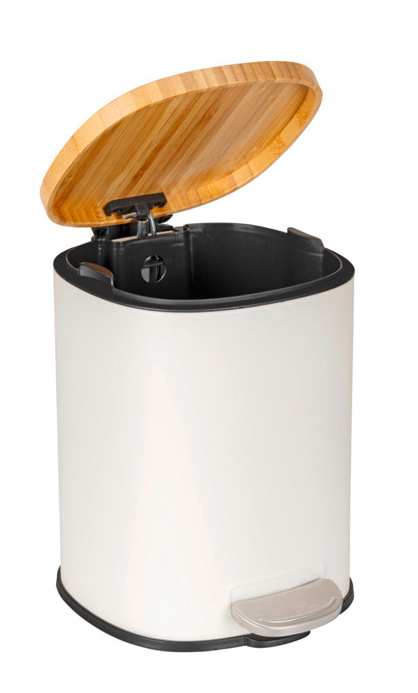Kosmetikkbøtte hvit/natur stål og bambus 3L med pedal - Wenko med åpen lokk